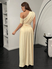 ASYMMETRICAL NECK RUCHED WAIST DRESS