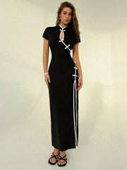 CONTRAST TRIM LONG SPLIT DRESS