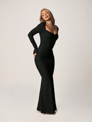 SCALLOPED TRIM NECKLINE LONG SLEEVE MAXI DRESS