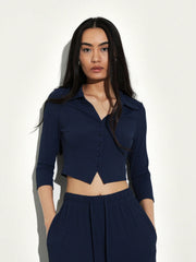 COLLARED BUTTON DOWN CROP TOP AND WIDE LEG PANTS SET