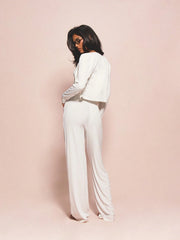 CROP LONG SLEEVE BUTTON FRONT TOP WITH WIDE LEG CASUAL PANTS LOUNGE SET