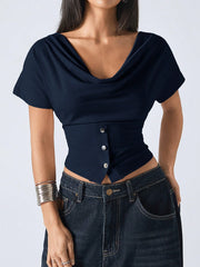 LAPEL SHORT SLEEVE BUTTON DESIGN ELEGANT TOP