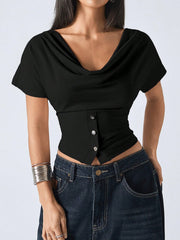LAPEL SHORT SLEEVE BUTTON DESIGN ELEGANT TOP