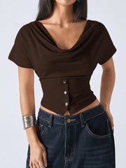 LAPEL SHORT SLEEVE BUTTON DESIGN ELEGANT TOP