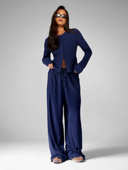 LONG SLEEVE BUTTON-UP TOP WIDE-LEG PANTS LOUNGE OUTFIT