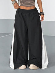 COLOR BLOCK SPLICE DESIGN SIDE ZIPPER WIDE LEG PANTS