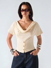 LAPEL SHORT SLEEVE BUTTON DESIGN ELEGANT TOP