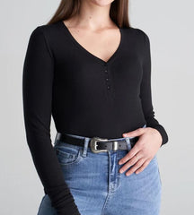 WOMEN'S LONG SLEEVE SHIRT WITH BUTTON-BLACK