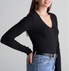 WOMEN'S LONG SLEEVE SHIRT WITH BUTTON-BLACK