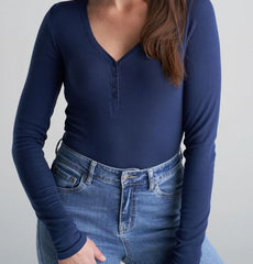 WOMEN'S LONG SLEEVE SHIRT WITH BUTTON-NAVY