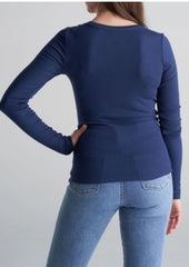 WOMEN'S LONG SLEEVE SHIRT WITH BUTTON-NAVY