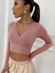 SURPLICE NECK RIB-KNIT CROP TEE