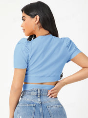 PUFF SLEEVE CRISSCROSS HEM CROP TEE