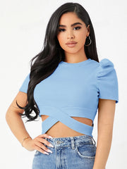 PUFF SLEEVE CRISSCROSS HEM CROP TEE