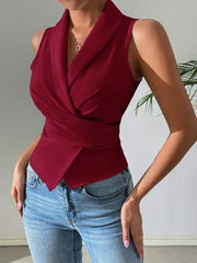 Women's Summer Solid Color Tie Waist Sleeveless Shirt With Collar