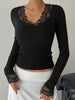 RIBBED LACE SPLICED BOW SLIM-FIT LONG SLEEVE TOP
