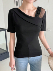 CONTRAST MESH ASYMMETRICAL NECK TEE GOING OUT TOPS