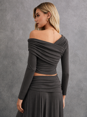 ASYMMETRICAL CROSS WRAP RUCHED FITTED CROPPED TOP
