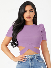 PUFF SLEEVE CRISSCROSS HEM CROP TEE