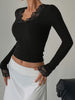 RIBBED LACE SPLICED BOW SLIM-FIT LONG SLEEVE TOP