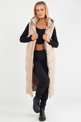 LADIES LONG PADDED HOODED VEST JACKET-BEIGE