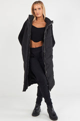 LADIES LONG PADDED HOODED VEST JACKET-BLACK